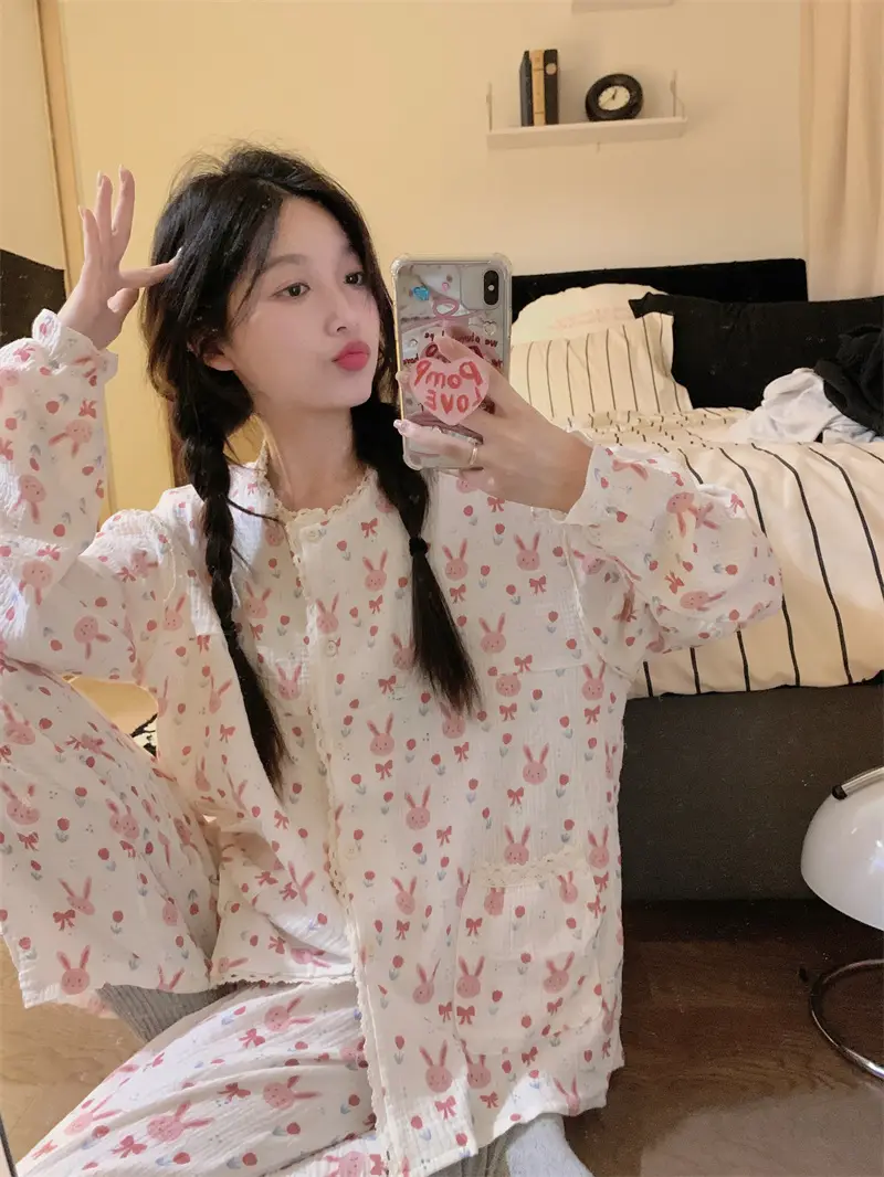 귀여운 토끼 프린트 가을 홈웨어 세트 상세 이미지 6