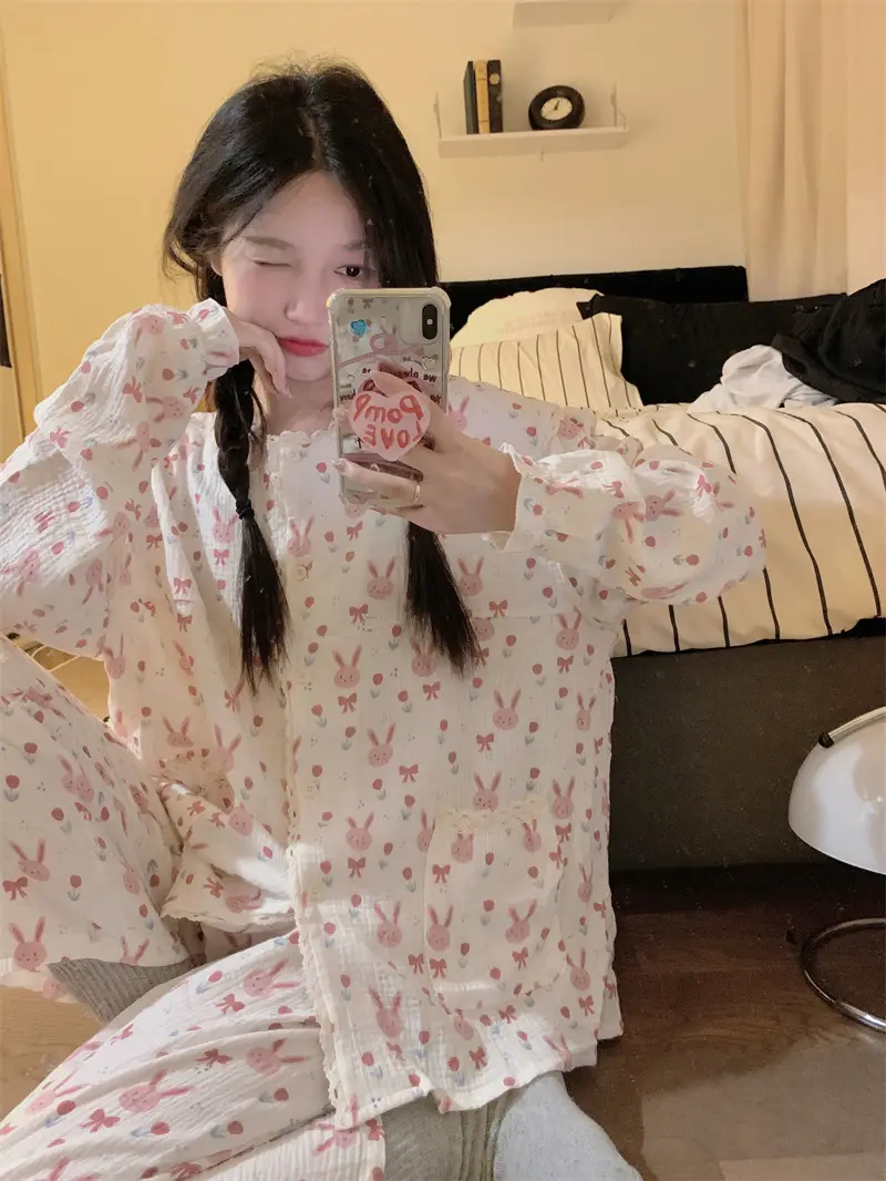 귀여운 토끼 프린트 가을 홈웨어 세트 상세 이미지 12