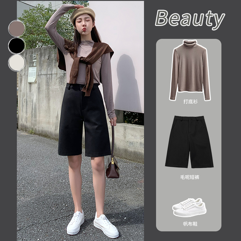 Real shot of autumn and winter high-waisted woolen five-quarter pants for women, large size loose straight woolen shorts, wide-leg medium pants and boot pants for outer wear