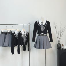 羊城故事针织衫女秋季设计感假两件黑色修身长袖百褶裙学院风套装