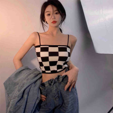 批发网红<b class='q'>棋盘</b><b class='q'>格</b>奶甜吊带背心女内搭外穿时尚洋气时髦短款别致小吊带