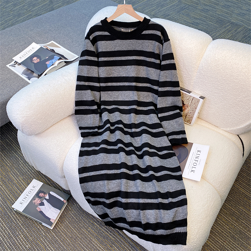 Frühen Herbst 2023 Neue Unterlage Gestrickte Streifen Pullover kinder Französisch Sanfte Lange Kleid_voghion.com