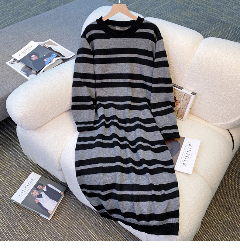 Frühen Herbst 2023 Neue Unterlage Gestrickte Streifen Pullover kinder Französisch Sanfte Lange Kleid_voghion.com