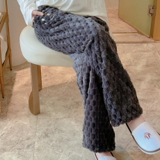 批发梦记冬季新款独家提花绒S184#灰笑脸小格加厚大码绒裤宽松睡裤