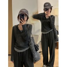 批发时尚气质休闲高级感慵懒风三件套装女长袖上衣高腰阔腿裤运动套装