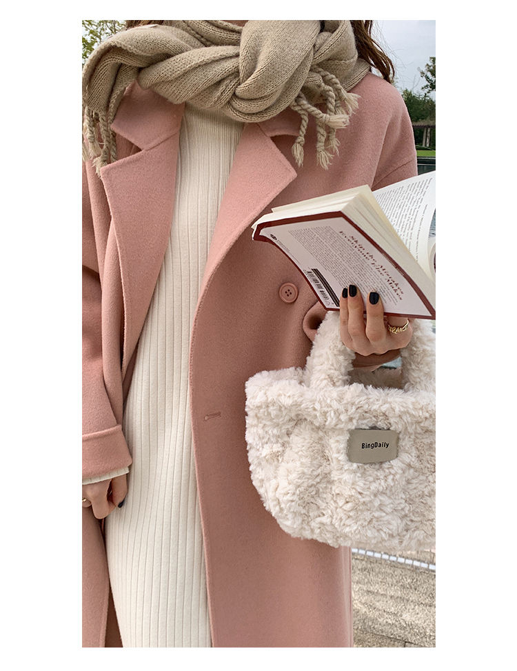 Pink Double sided Cashmere Women's 2023 Autumn/Winter New Korean Loose Mid length Hepburn Style Fleece Coat_voghion.com