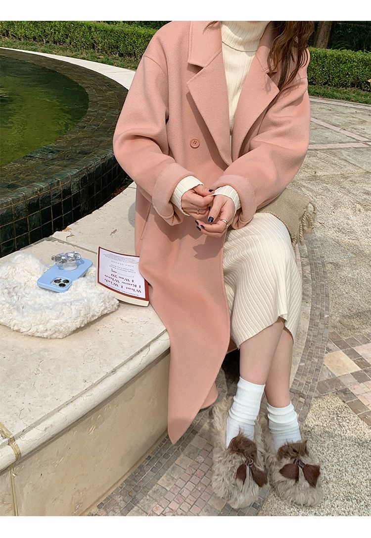 Pink Double sided Cashmere Women's 2023 Autumn/Winter New Korean Loose Mid length Hepburn Style Fleece Coat_voghion.com