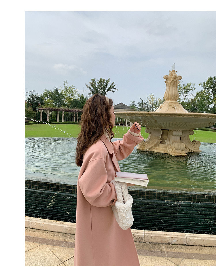 Pink Double sided Cashmere Women's 2023 Autumn/Winter New Korean Loose Mid length Hepburn Style Fleece Coat_voghion.com
