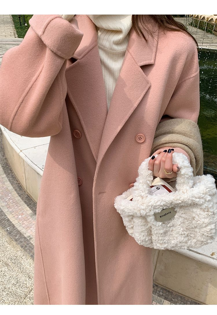 Pink Double sided Cashmere Women's 2023 Autumn/Winter New Korean Loose Mid length Hepburn Style Fleece Coat_voghion.com