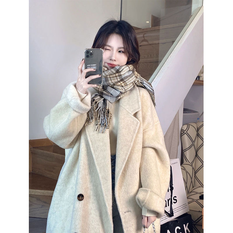 Pink Double sided Cashmere Women's 2023 Autumn/Winter New Korean Loose Mid length Hepburn Style Fleece Coat_voghion.com