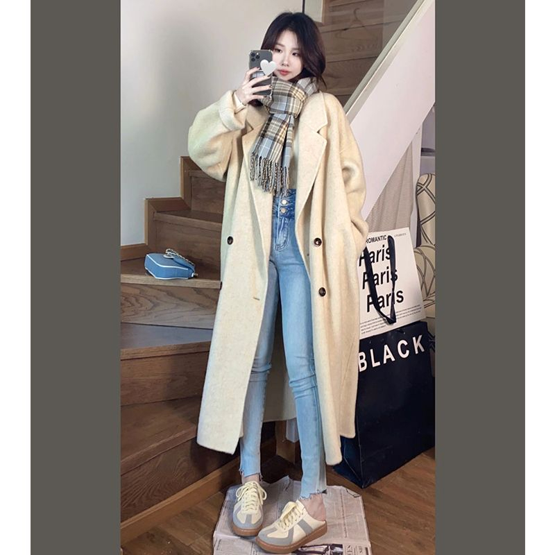 Pink Double sided Cashmere Women's 2023 Autumn/Winter New Korean Loose Mid length Hepburn Style Fleece Coat_voghion.com