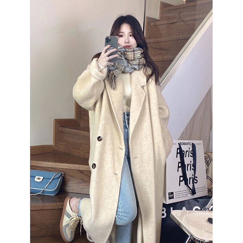 Pink Double sided Cashmere Women's 2023 Autumn/Winter New Korean Loose Mid length Hepburn Style Fleece Coat_voghion.com