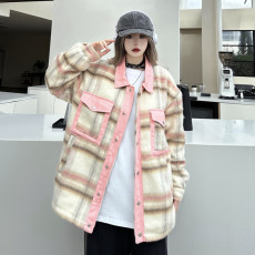 实拍#毛呢格纹外套女2023秋冬新款小香风复古设计感拼接格子夹克