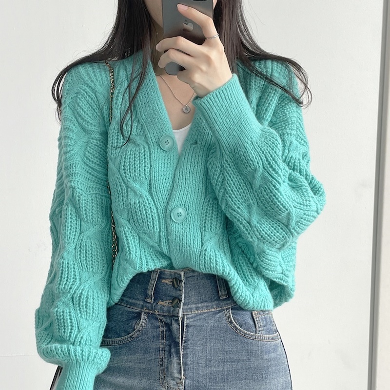 Eighty years old retro lazy style long-sleeved design twist sweater knitted cardigan jacket top for women