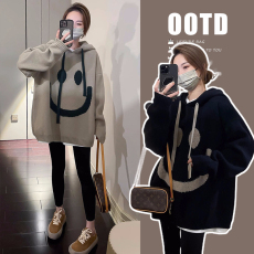 批发大码女装秋冬新款笑脸连帽<b class='q'>毛衣</b>慵懒风宽松休闲百搭<b class='q'>中长款</b>上衣卫衣