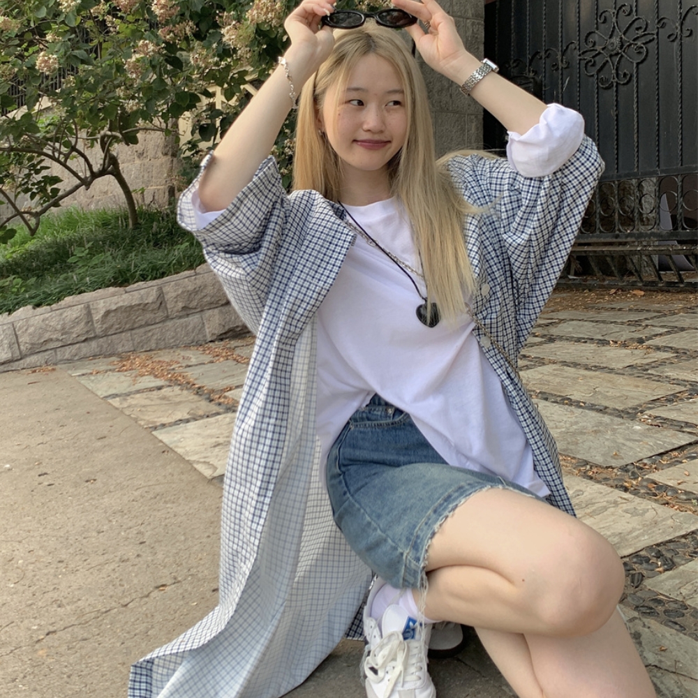 빅 사이즈 체크무늬 롱 코트 무릎 아래 루즈핏 느긋한 바람 재킷 셔츠 한국 스타일 빅 사이즈 셔츠 한국 스타일 긴팔 티셔츠