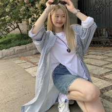 批发大码格子长款过膝宽松慵懒风外套衬衫韩版大码衬衫韩版长袖t恤