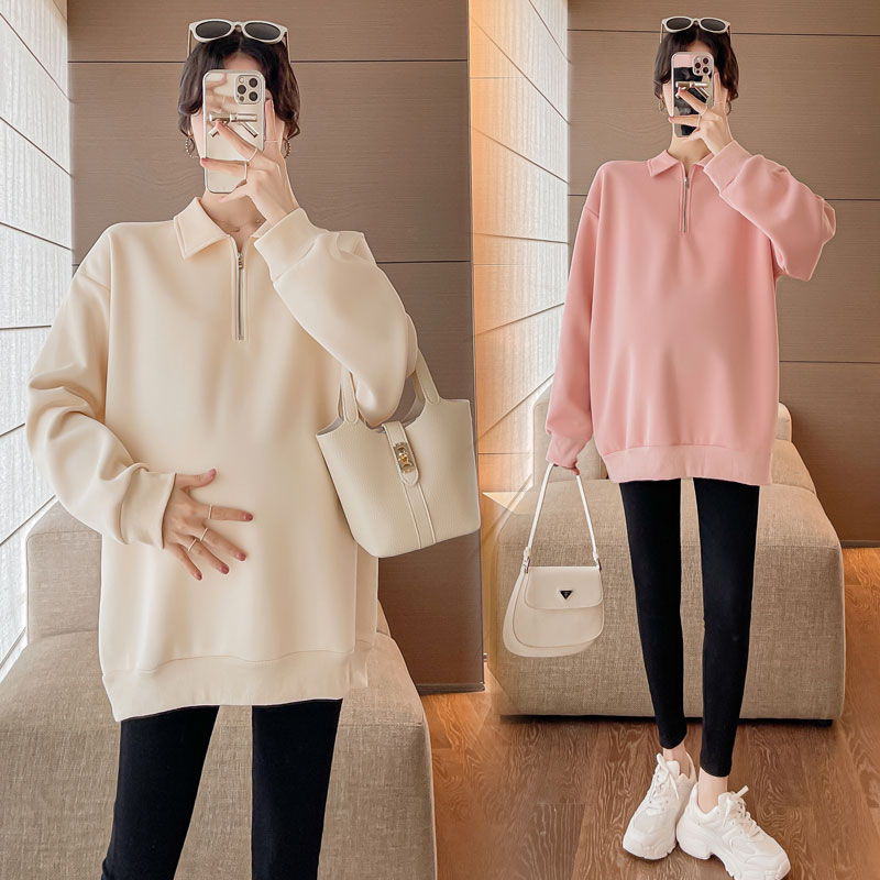 실사 새로운 한국 스타일 임산부 봄 루즈핏 슬림해 보이는 연령 감소 캐주얼 다용도 후드티 고급 센스 poio 칼라 맨위