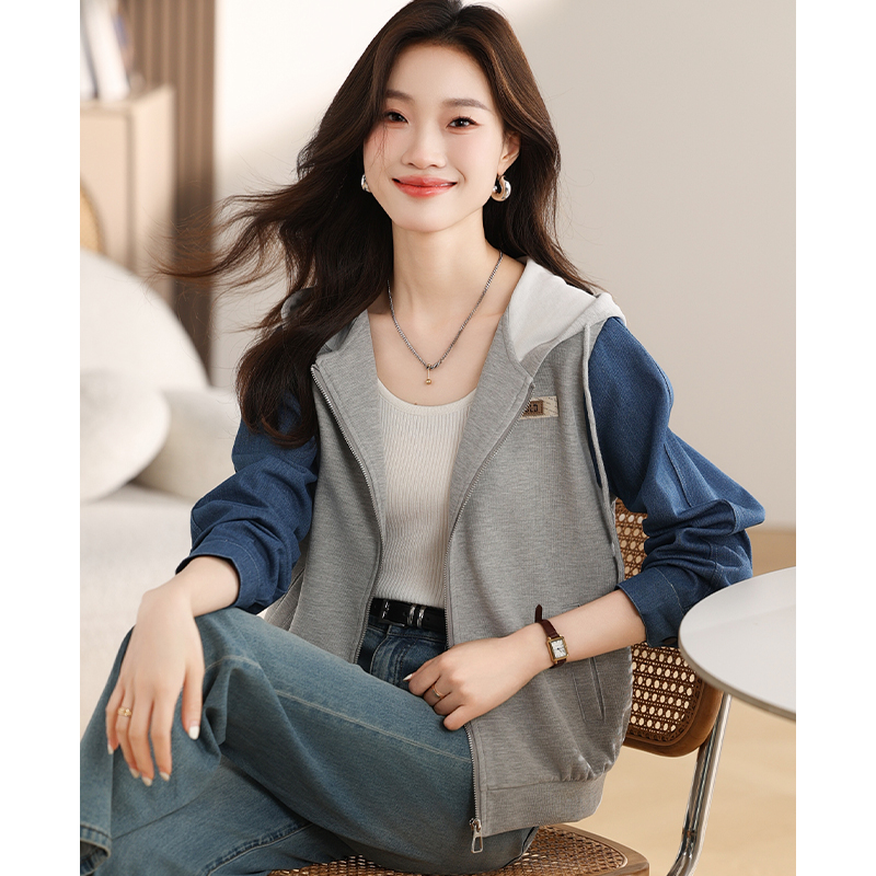 실사 캐주얼 데님 패치워크 맨위 가을 새로운 펌프 로프 후드 질감 다용도 여성 코트