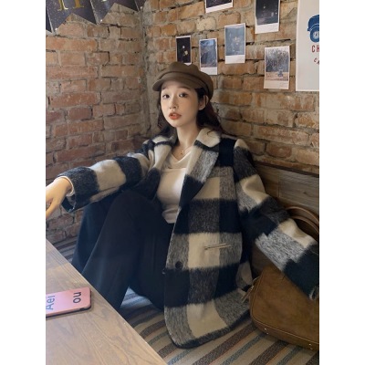 나 예 너 ~ 중 cc A 도시 그림 루즈핏 슬림해 보이는 모직 코트 여성 봄 체크무늬 정장 모직 외투