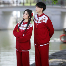批发实拍中国民族风校服汉服春秋国学红色唐装   固色面料