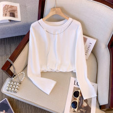 批发实拍实价~秋季新品圆领套头链条装饰<b class='q'>宽松</b>休闲短款长袖T恤打底上衣