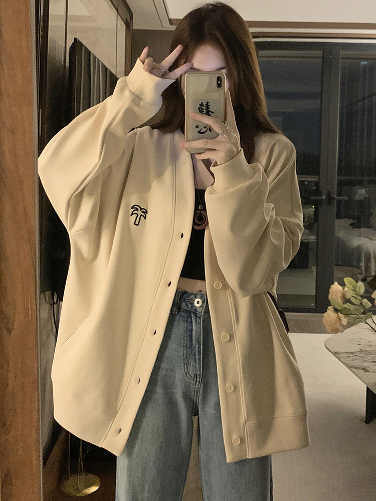 Japanese retro cardigan sweater women's autumn lazy style oversize high-quality couple baseball uniform jacket tide