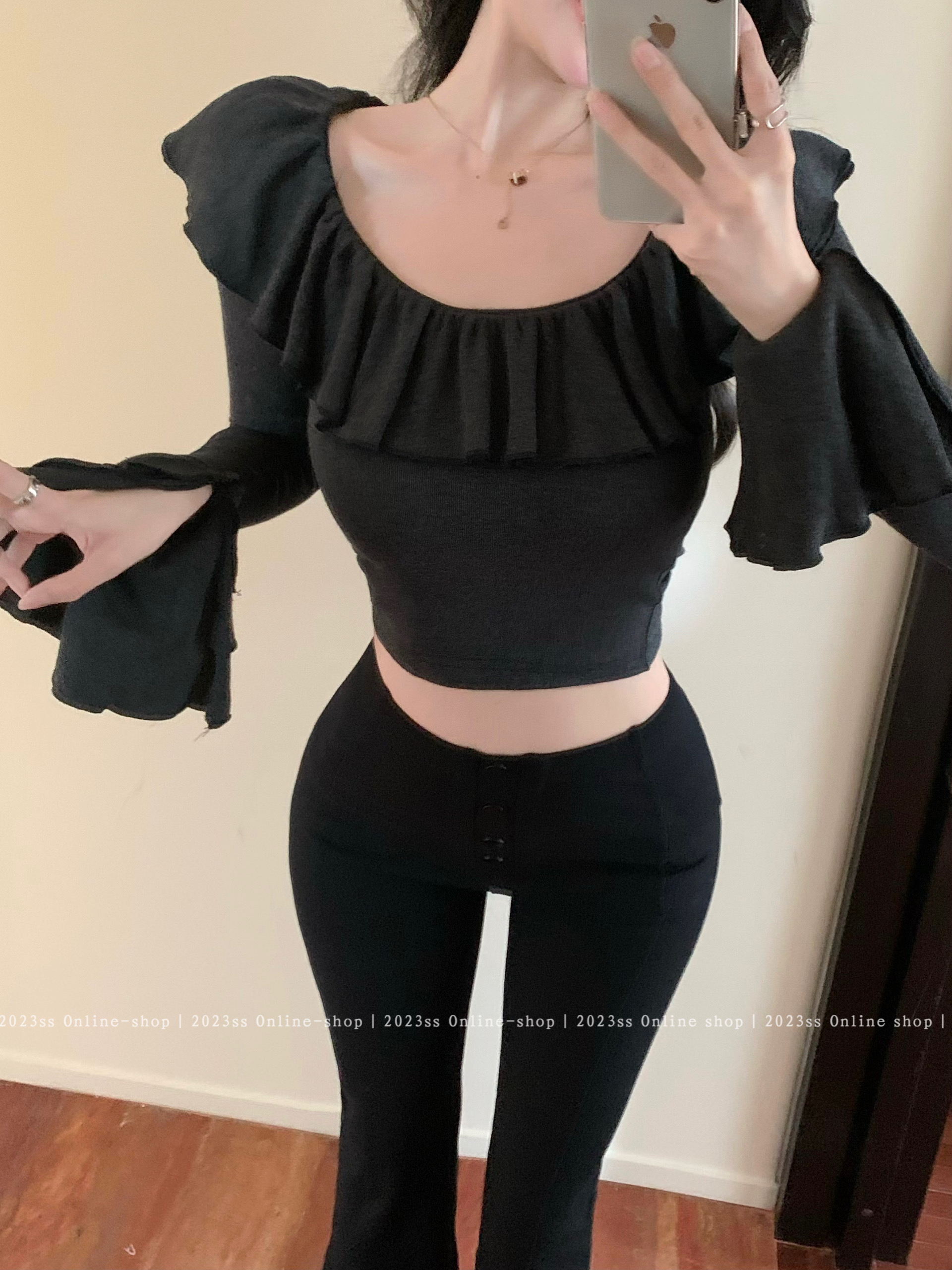 Real shot Autumn lotus leaf big round neck slim bottoming long-sleeved pure desire T-shirt top for women