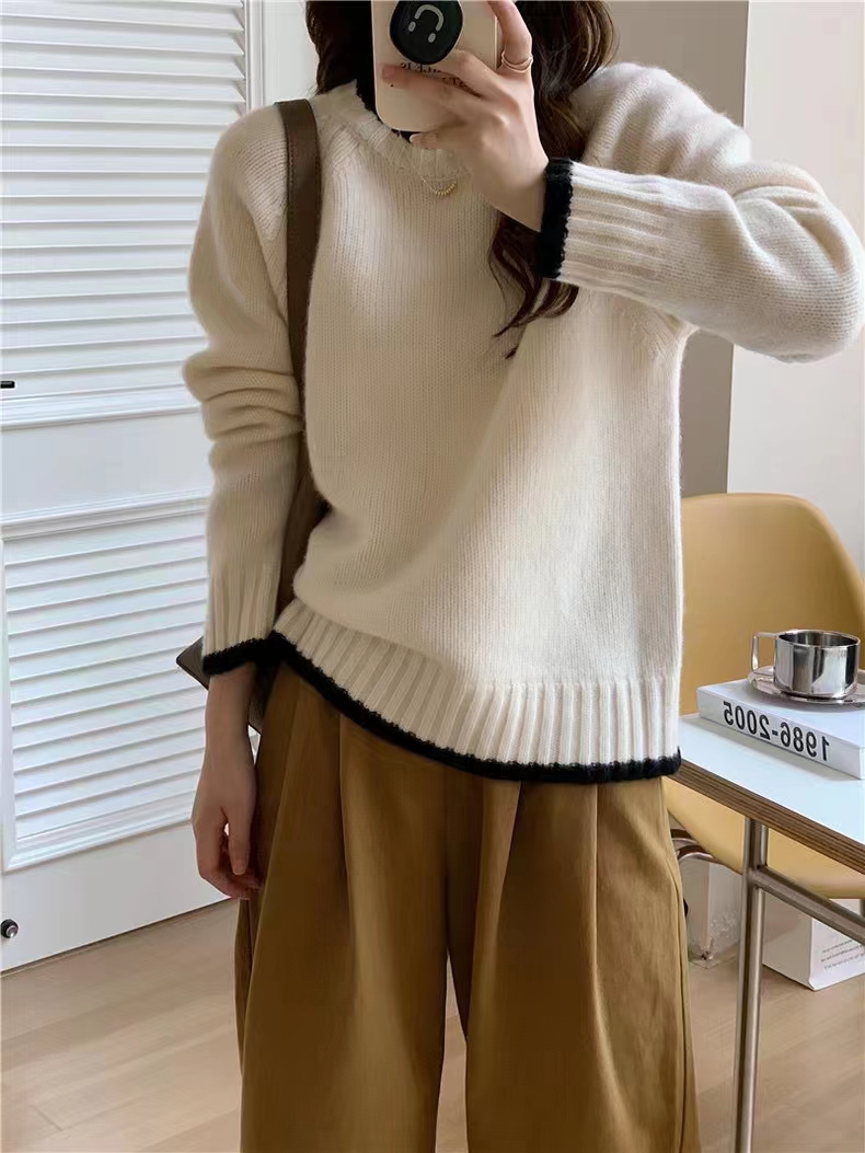 2024 Spring and Summer New Korean Style Round Neck Solid Color Sweater Fashion Simple Versatile Long Sleeve Pullover Sweater Women's Trend