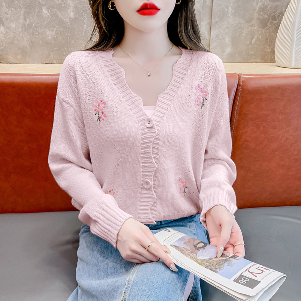 RM25521#韩版刺绣花朵V领长袖毛衣女2023秋季新款甜美设计感针织开...
