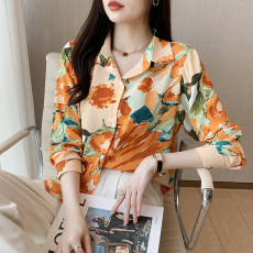 实拍 2023秋季新款韩版设计感港风复古油画印花长袖衬衫
