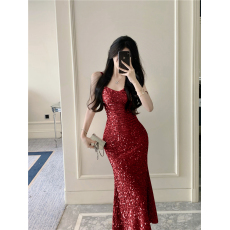 批发实拍！高级感名媛气质 重工丝绒亮片连衣裙 百搭性感包臀鱼尾裙