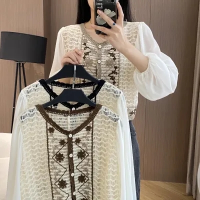韓系刺繡鈎花長袖襯衣女新款春秋設計感小眾鏤空短款上衣