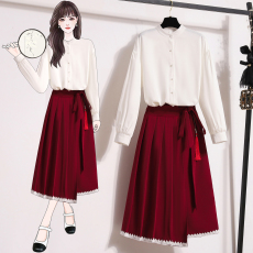 批发实拍<b class='q'>大码</b>2023秋新款胖MM显瘦遮肉气质套装国风马面裙长袖衬衫套装