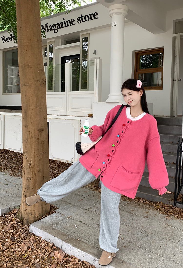 Actual shot of early spring Korean chic lazy style soft and sweet handmade colorful crocheted sweater cardigan