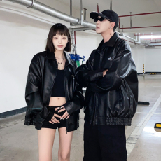 批发实拍男士皮衣夹克潮牌帅气秋冬季休闲机车男女情侣装外套PU皮上衣