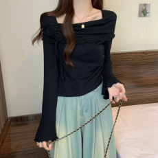 实拍大码女装温柔立体玫瑰花设计感显瘦喇叭袖上衣t恤女2023新款