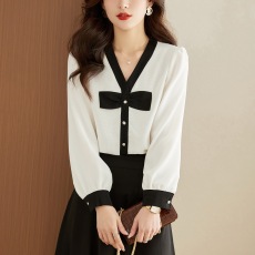 批发实拍 衬衫女长袖<b class='q'>秋</b>装2026新款洋气衬衣宽松法式别致雪纺衫v领上衣