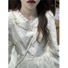 批发实拍秋季复古木耳边压褶<b class='q'>棉布</b>重工刺绣长袖百搭<b class='q'>连衣裙</b>中长款裙子