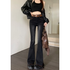 批发实拍实价#新款修身弹力牛仔长裤<b class='q'>女</b>设计感流苏毛边微喇叭拖地裤子