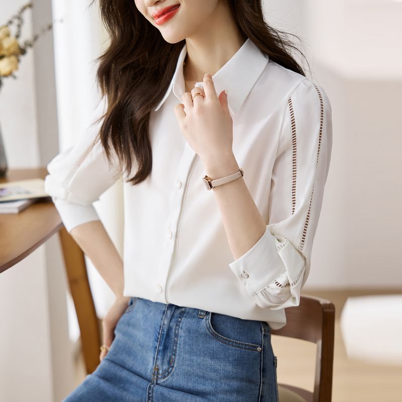 실사 외국 가스 슬림해 보이는 봄 가을 새로운 여성 의류 폴로 칼라 단색 쉬폰 블라우스 맨위 오픈 가디건 셔츠 기본 셔츠 셔츠