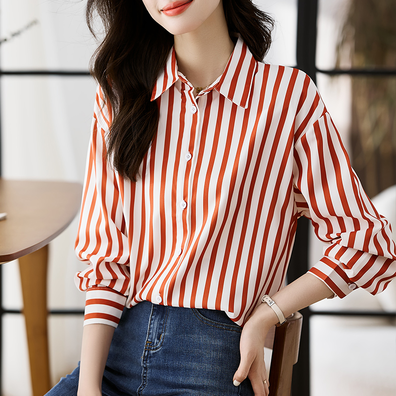 실사 긴팔 쉬폰 블라우스 비즈니스웨어 맨위 가을 의상 여성 의류 품격 셔츠 폴로 칼라 스트라이프 작은 셔츠 기본 셔츠