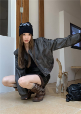 实拍实价  pu美式复古皮衣外套女秋季短款辣妹夹克机车服