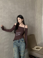 实拍实价 斜边一字肩针织衫女秋套头欧美风辣妹不规则设计感毛衣
