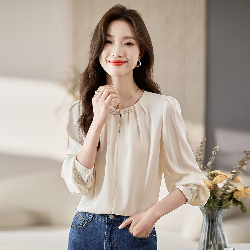 베이지 색 작은 단추 여성 셔츠 봄 새로운 패션 다용도 ol 출퇴근 라운드 넥 맨위