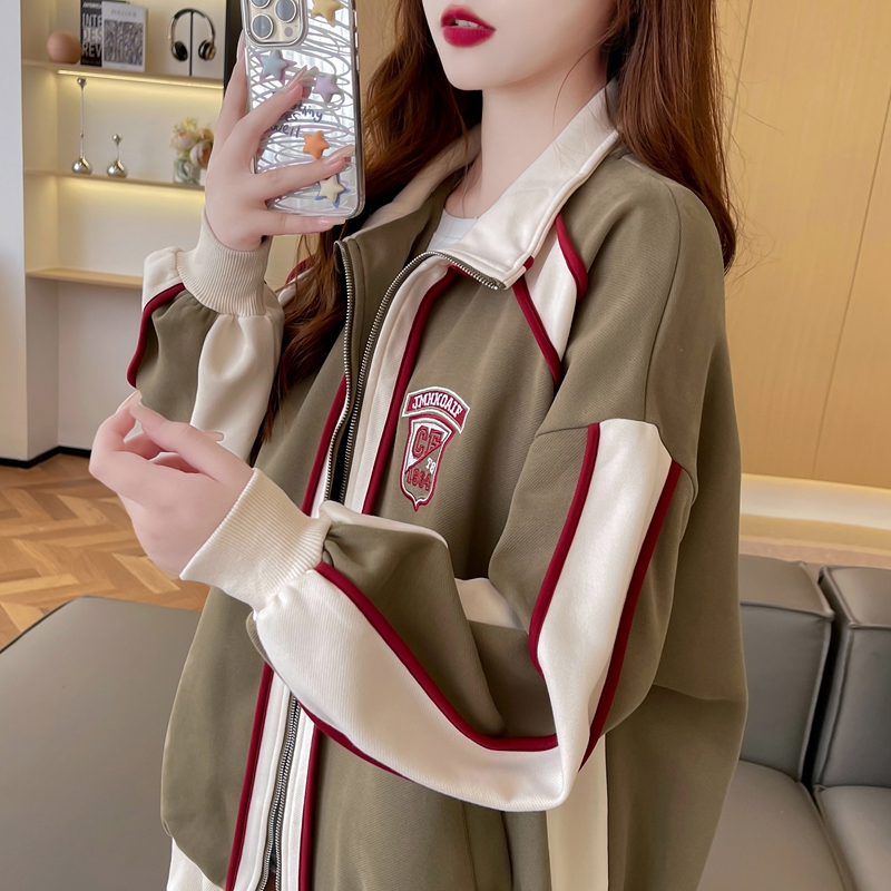 First real shot of pure cotton Chinese cotton | back collar | Korean style loose contrasting color sweatshirt stand collar jacket for women