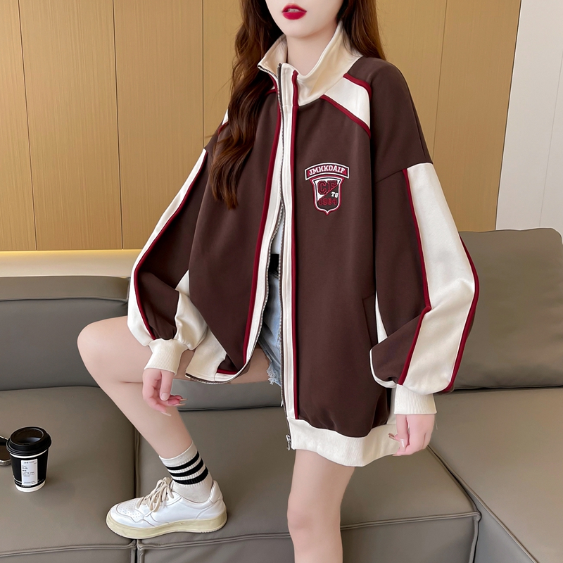 First real shot of pure cotton Chinese cotton | back collar | Korean style loose contrasting color sweatshirt stand collar jacket for women