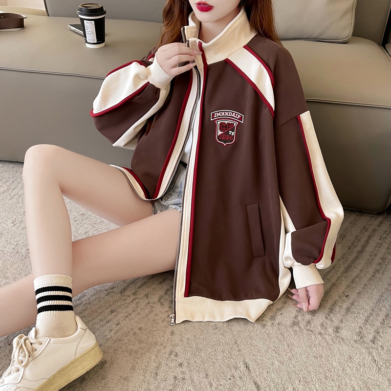 First real shot of pure cotton Chinese cotton | back collar | Korean style loose contrasting color sweatshirt stand collar jacket for women