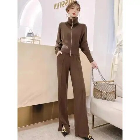 캐주얼 패션 세트 가을 겨울 2026 년 새로운 폴로 칼라 지퍼 재킷 넓은 다리 길이 바지 단색 투피스 세트 여성