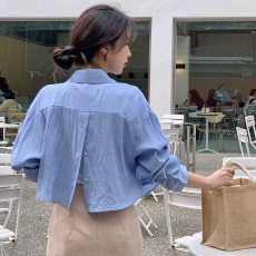 批发尺寸已更新 小众翻领小心机后背开叉设计宽松单排扣长袖短款衬<b class='q'>衫</b>